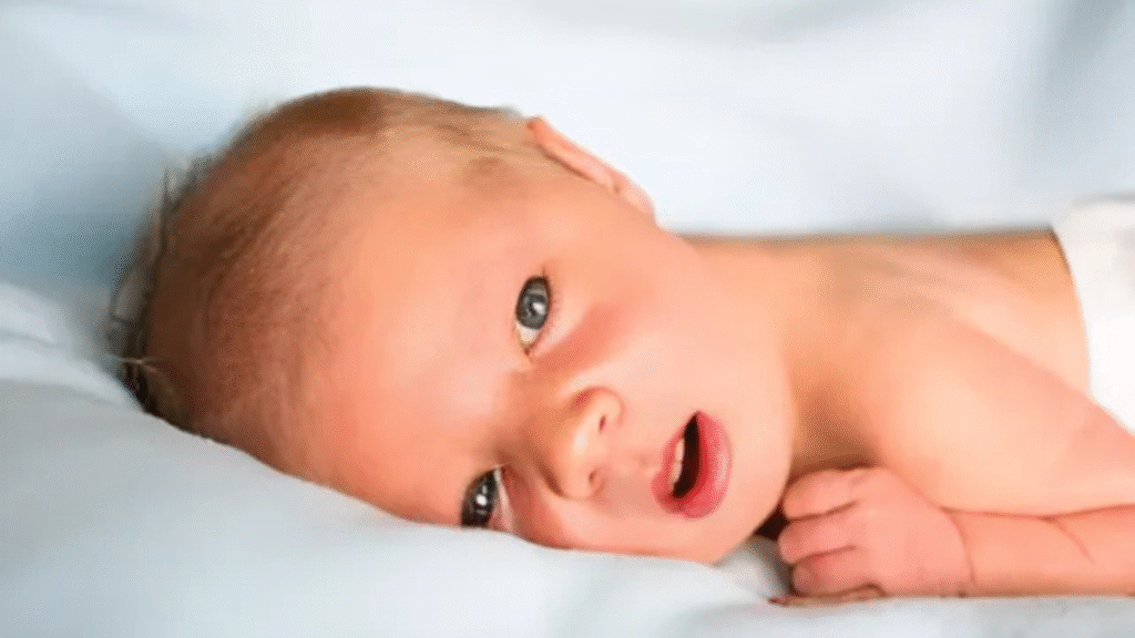 bebê deitado na cama, tem uma pele amarelada devido a icterícia neonatal