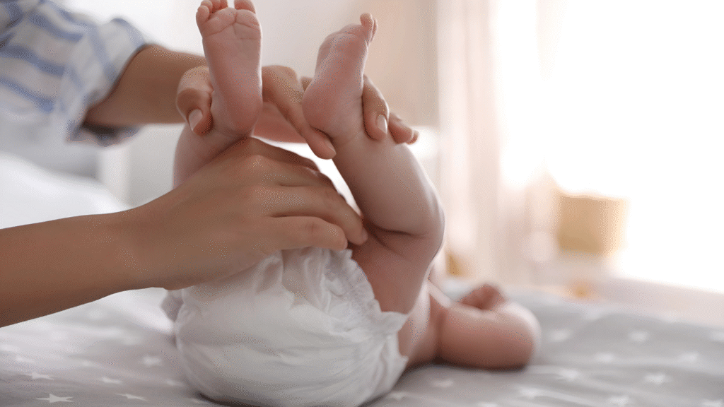 uma mãe cuidando do seu bebê para evitar a dermatite de fralda